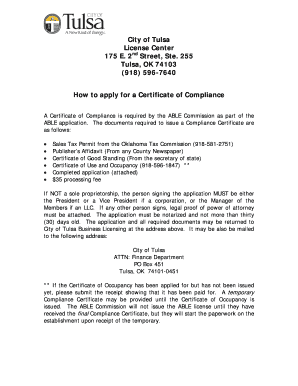 City of Tulsa Certificate of Compliance Form