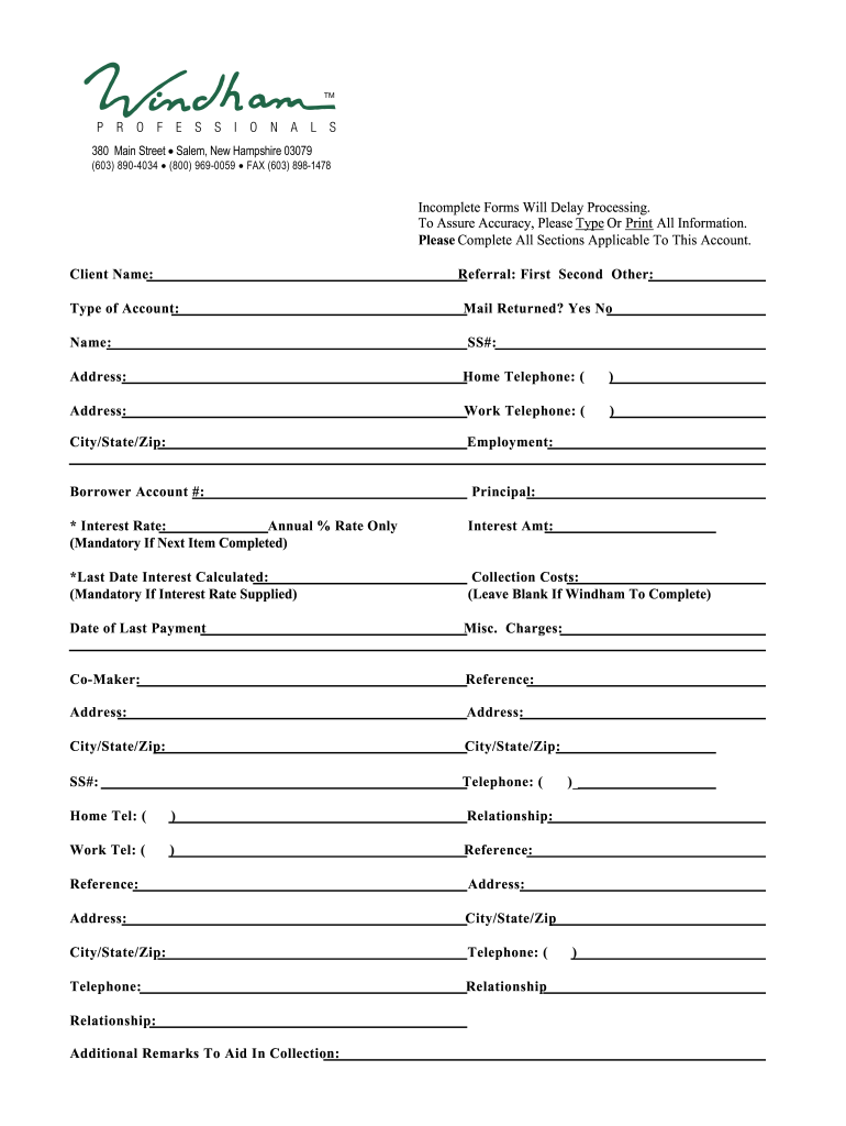 Windham Collection Agency Online Paperwork Form
