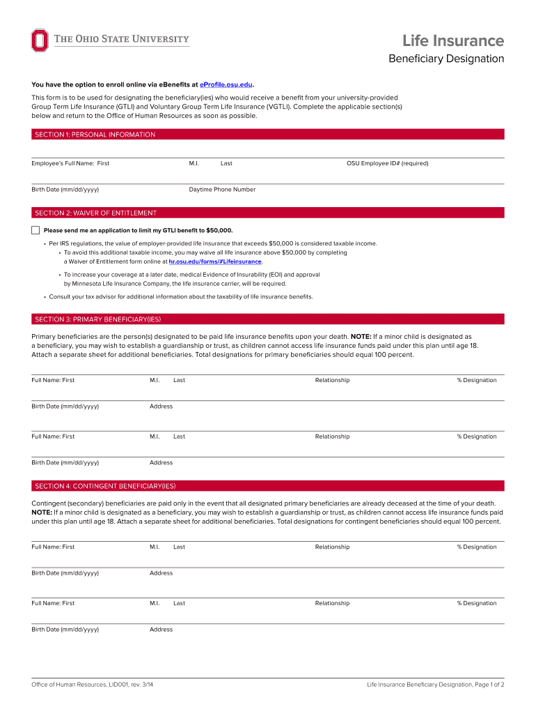 Life Insurance Beneficiary Designation the Office of Human  Form