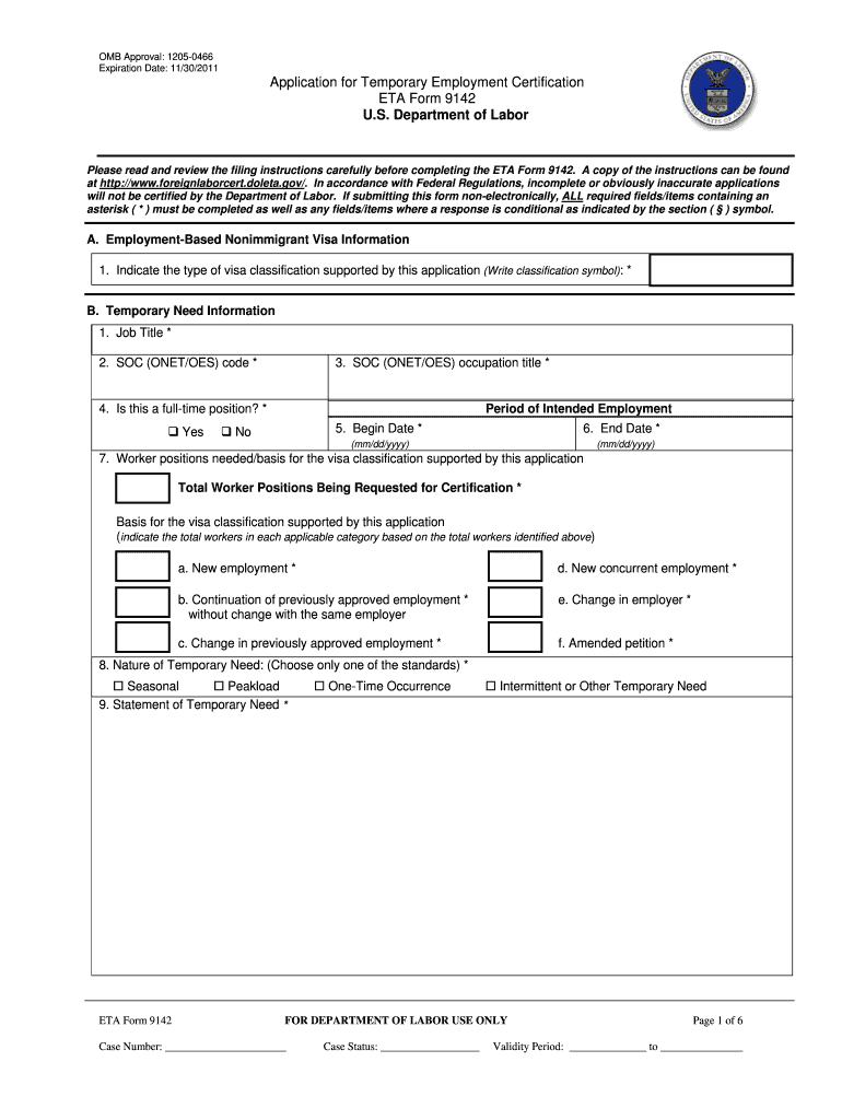 Application for Temporary Employment Certification ETA Form 9142