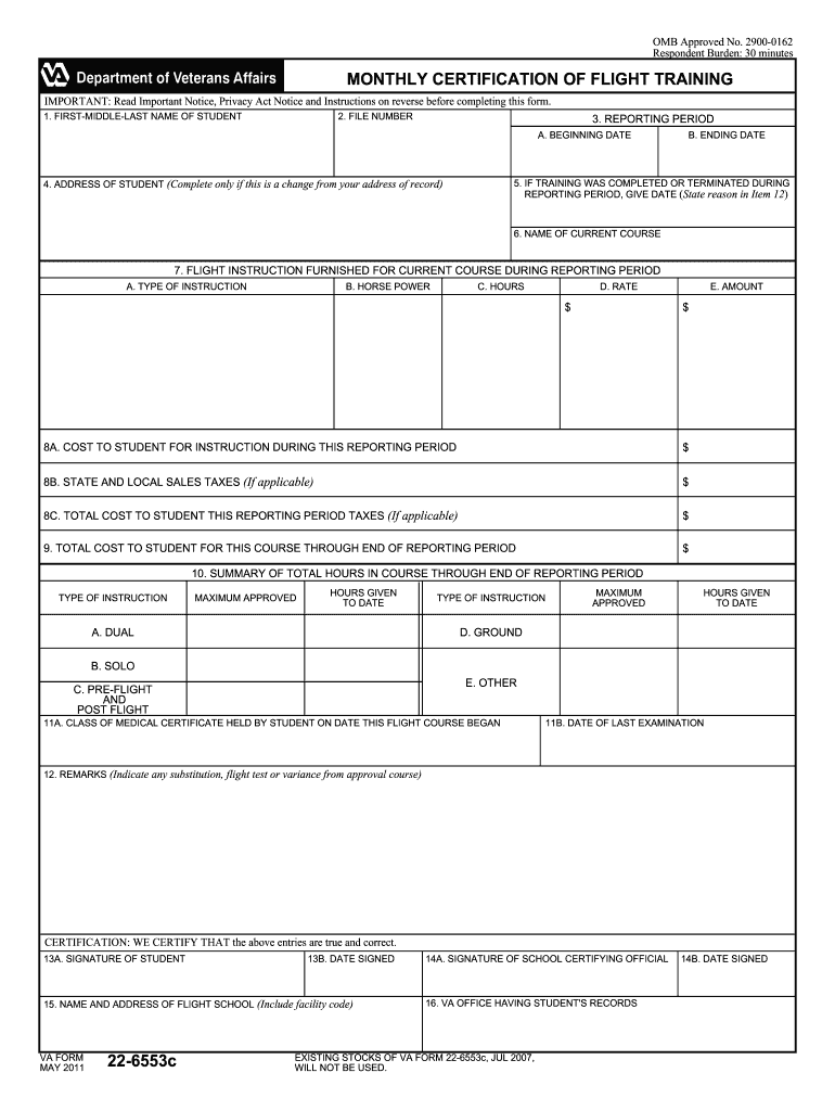 VA Form 22 6553c Monthly Certification of Flight Training Vba Va