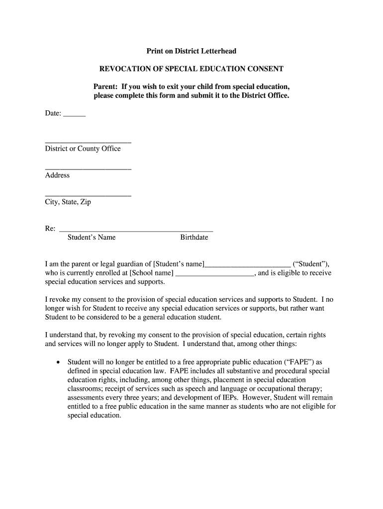 Revocation of Consent for Special Education Services Form