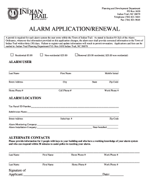 Indian Trail Nc Alarm Permit  Form