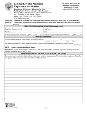 Limited Elevator Mechanic Experience Verification Oregonbcd  Form