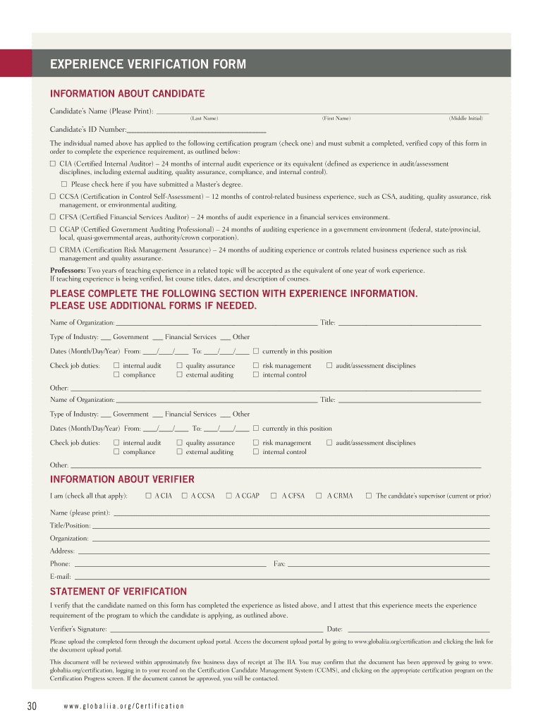 EXPERIENCE VERIFICATION FORM