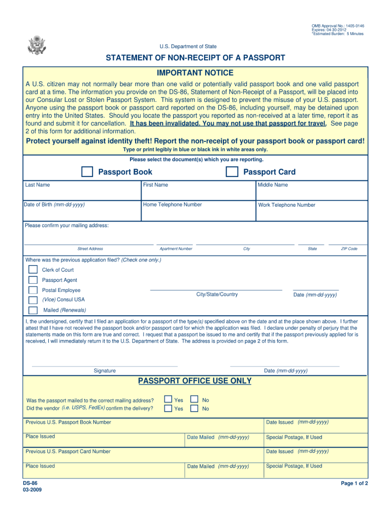 DS 86 Statement of Non Receipt of a Passport  Ace Passport Services  Form