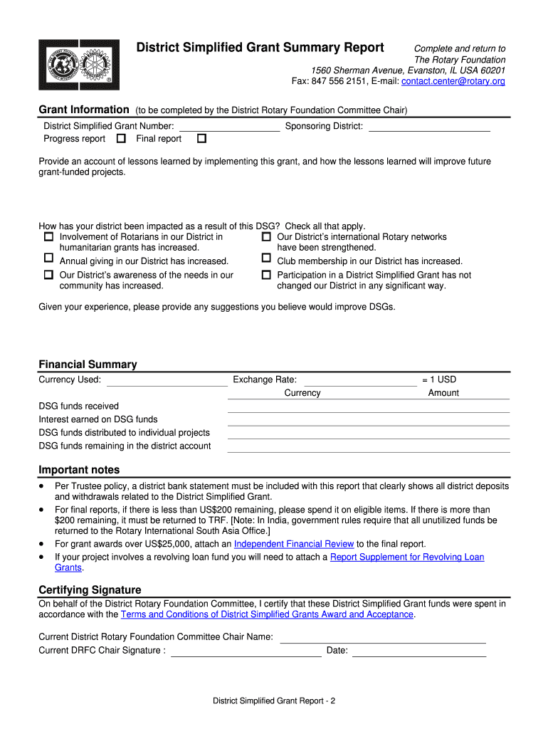 District Simplified Grant Report Instructions Rotary International  Form