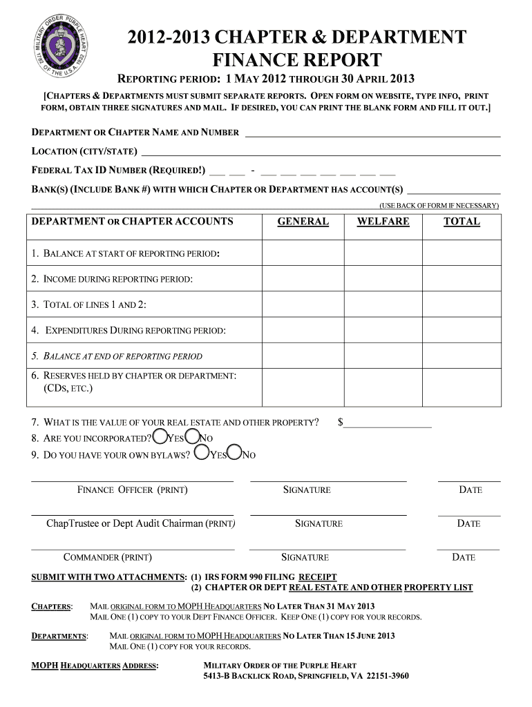 FINANCE REPORT  Military Order of the Purple Heart  Purpleheart  Form