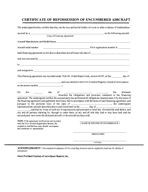 Certificateofrepossessionofencumberedaircraft PDF  Form