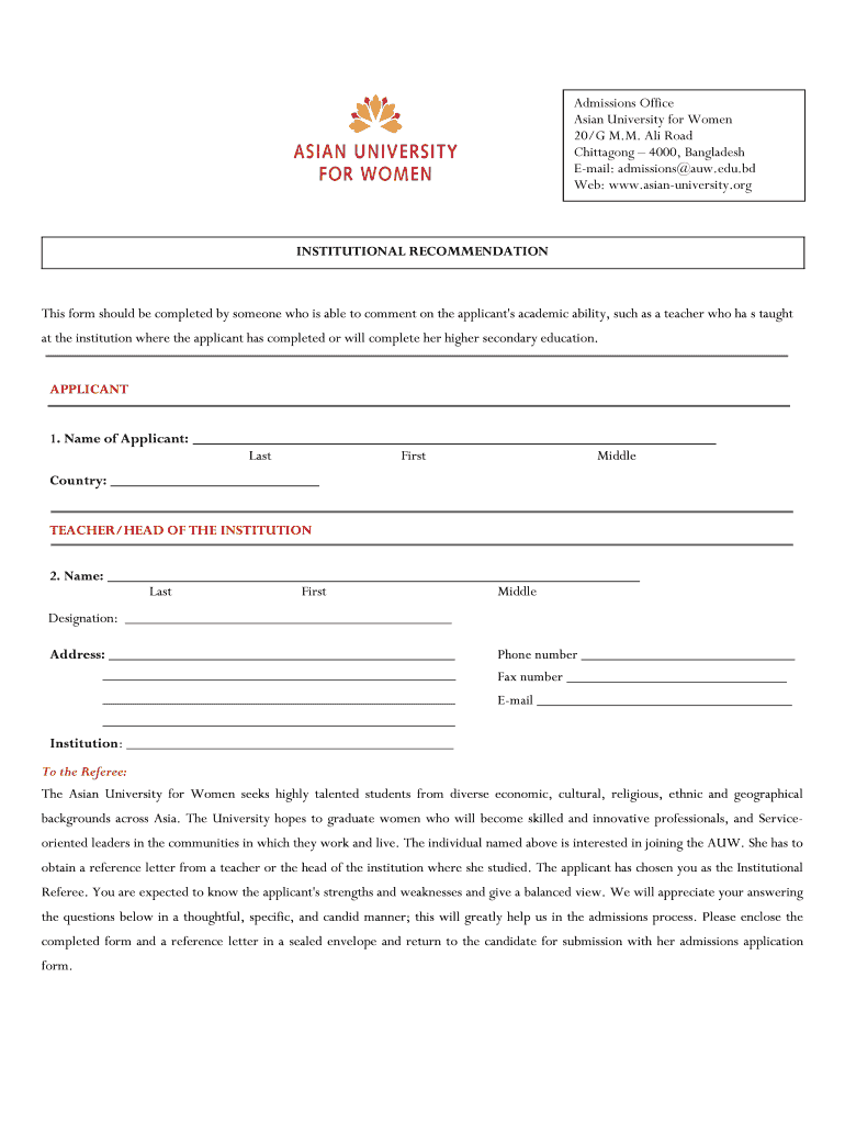 INSTITUTIONAL RECOMMENDATION This Form Should Be Asian University