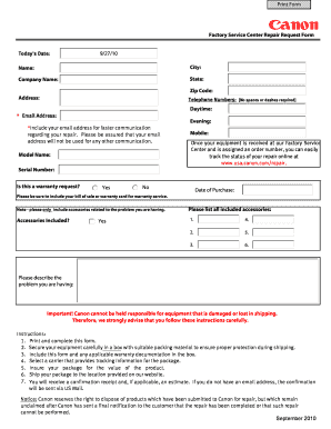 Canon Repair Form