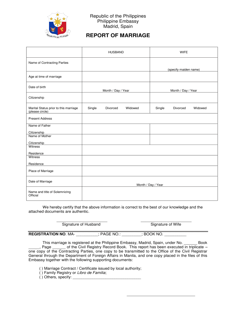 Report of Marriage Philippine Embassy Madrid  Form