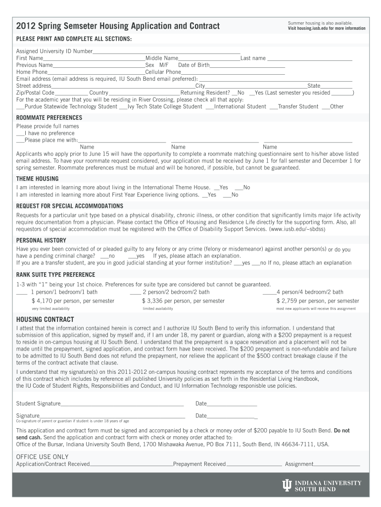  Iusb Housing Application Form 2012
