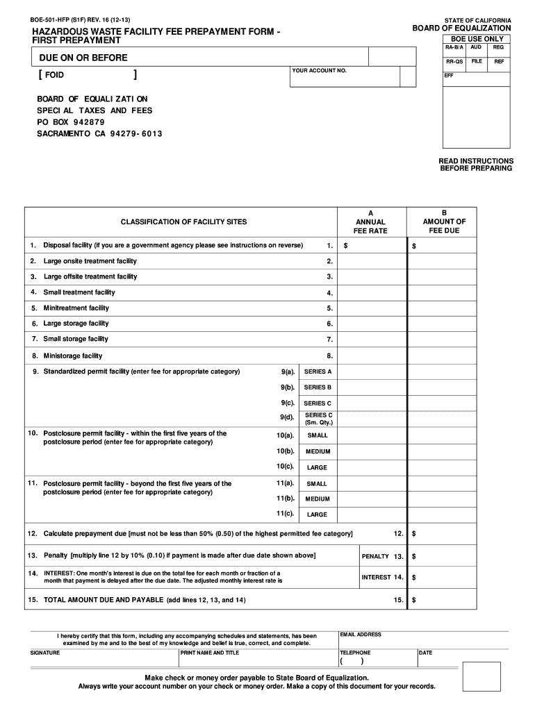 Hazardous Waste Facility Fee Prepayment Form Board of