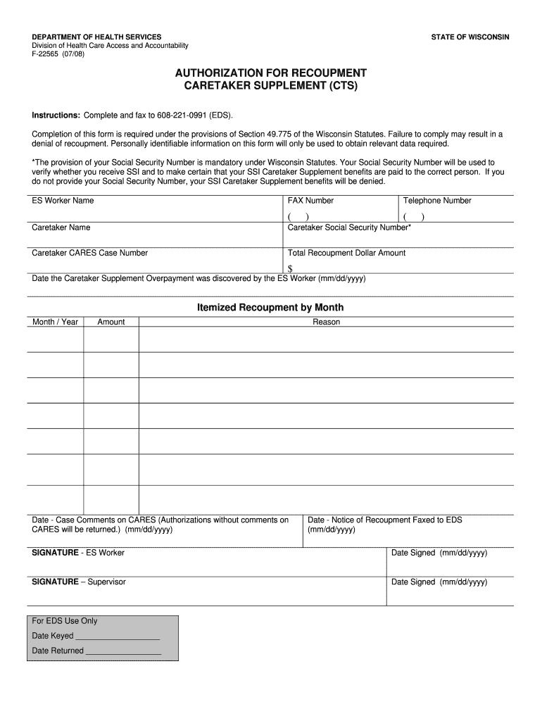 Authorization for Recoupment Caretaker Supplement CTS, F 22565  Form
