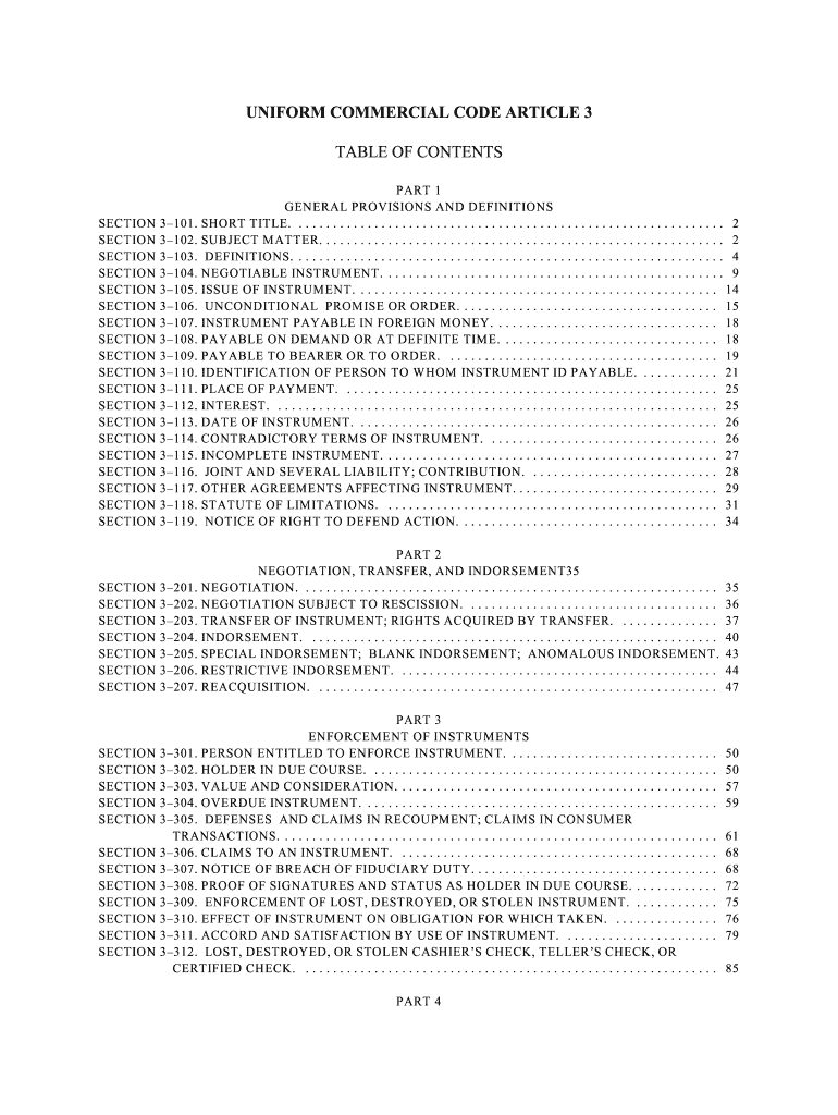 UNIFORM COMMERCIAL CODE ARTICLE 3 TABLE of CONTENTS