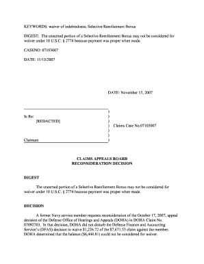 KEYWORDS Waiver of Indebtedness; Selective Reenlistment Bonus Dod  Form