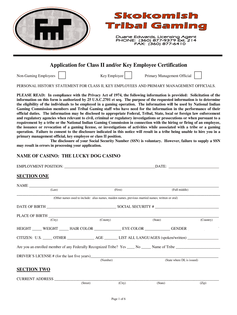 Application for Class II Andor Key Employee Certification  Form