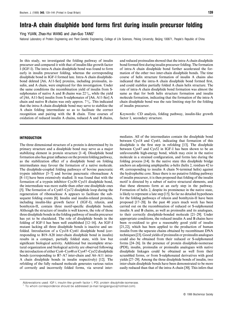 Intra a Chain Disulphide Bond Forms First during Precursor Biochemj