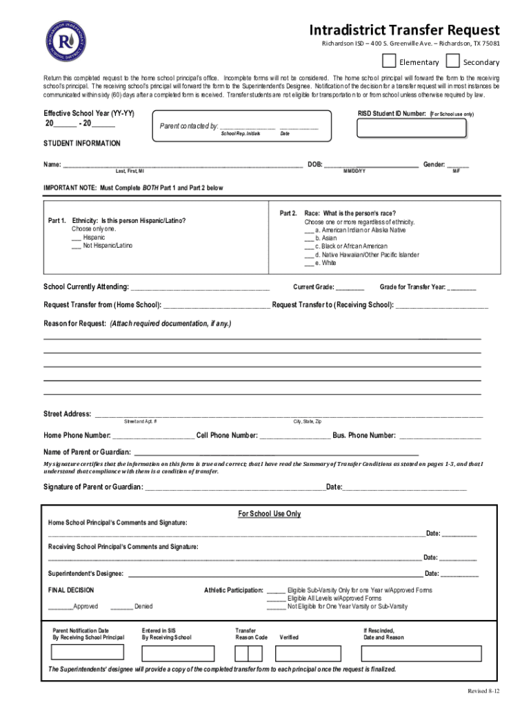 Richardson Isd Transfer Request  Form