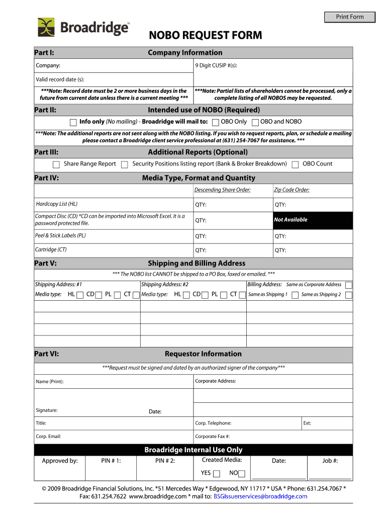 Nobo Online Request Form