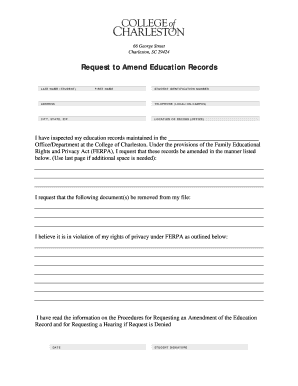Request to Amend Education Record Office of the Registrar Registrar Cofc  Form