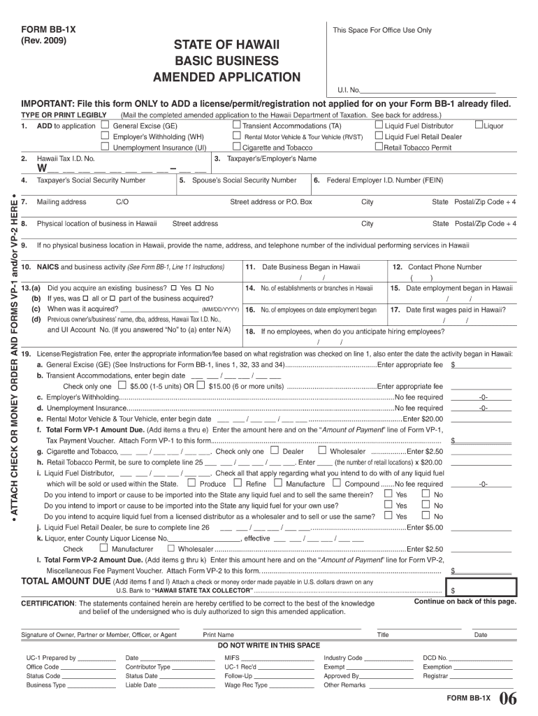  Hawaii Tax Form Bb1x 2009-2024