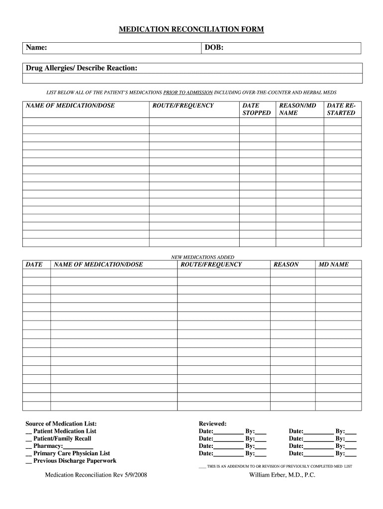  Medication Reconciliation Form 2008-2024