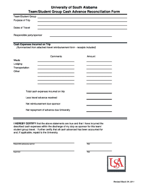 L Travel Advance Reconciliation Form University of South Alabama