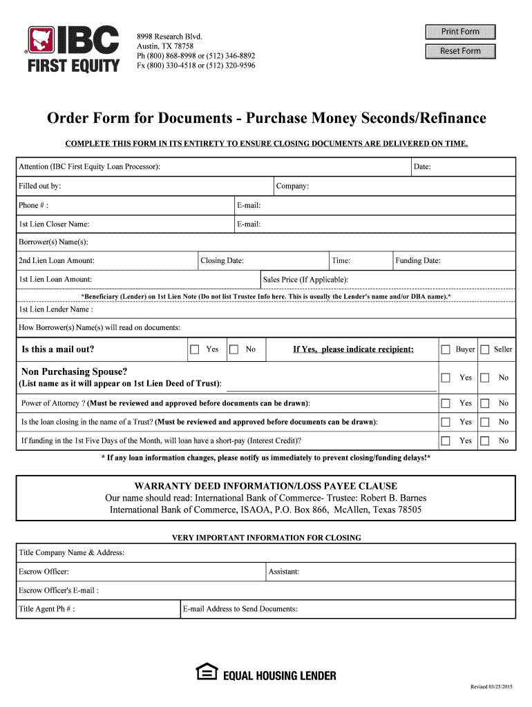 Order Form for Documents Purchase Money SecondsRefinance