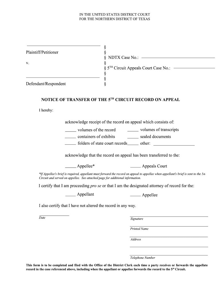 PlaintiffPetitioner NDTX Case No V 5 Circuit Appeals Court  Form