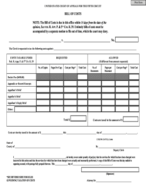 Bill of Costs U S Court of Appeals for the Fifth Circuit Ca5 Uscourts  Form