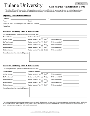 Tulane University Cost Sharing Authorization Form