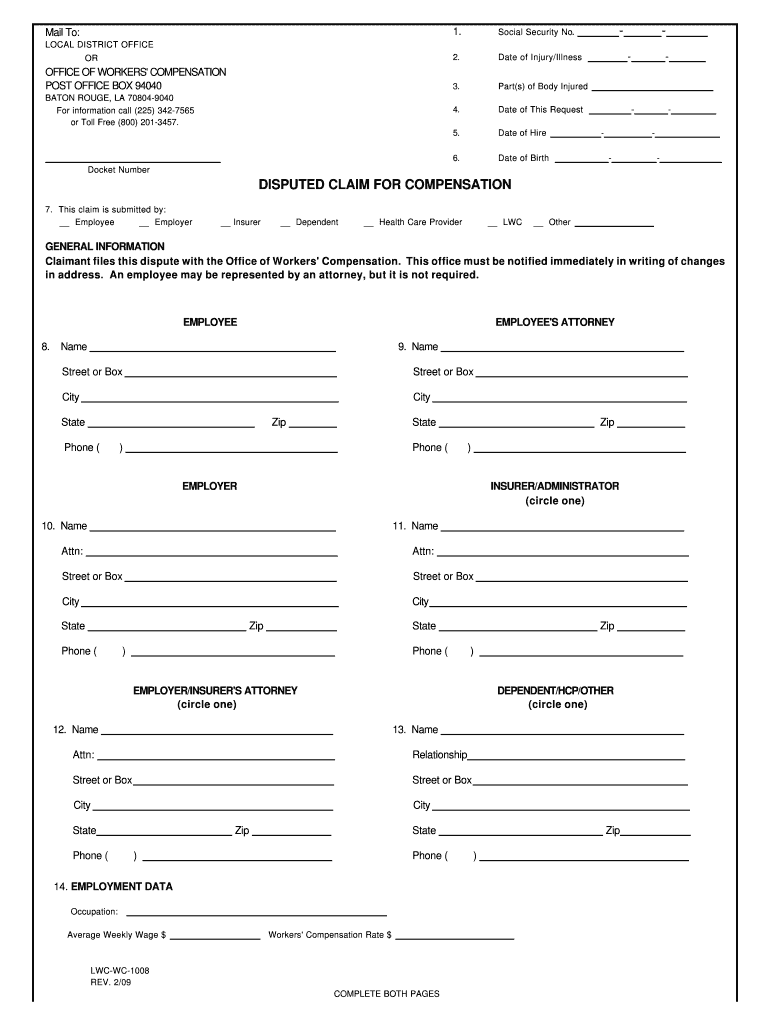 Workers' Compensation  Disputed Claim for Compensation Form