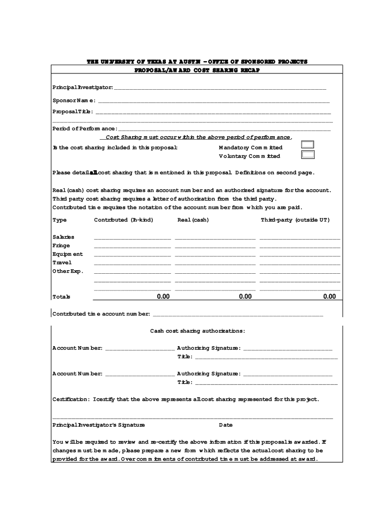 Cost Share Recap the University of Texas at Austin  Form