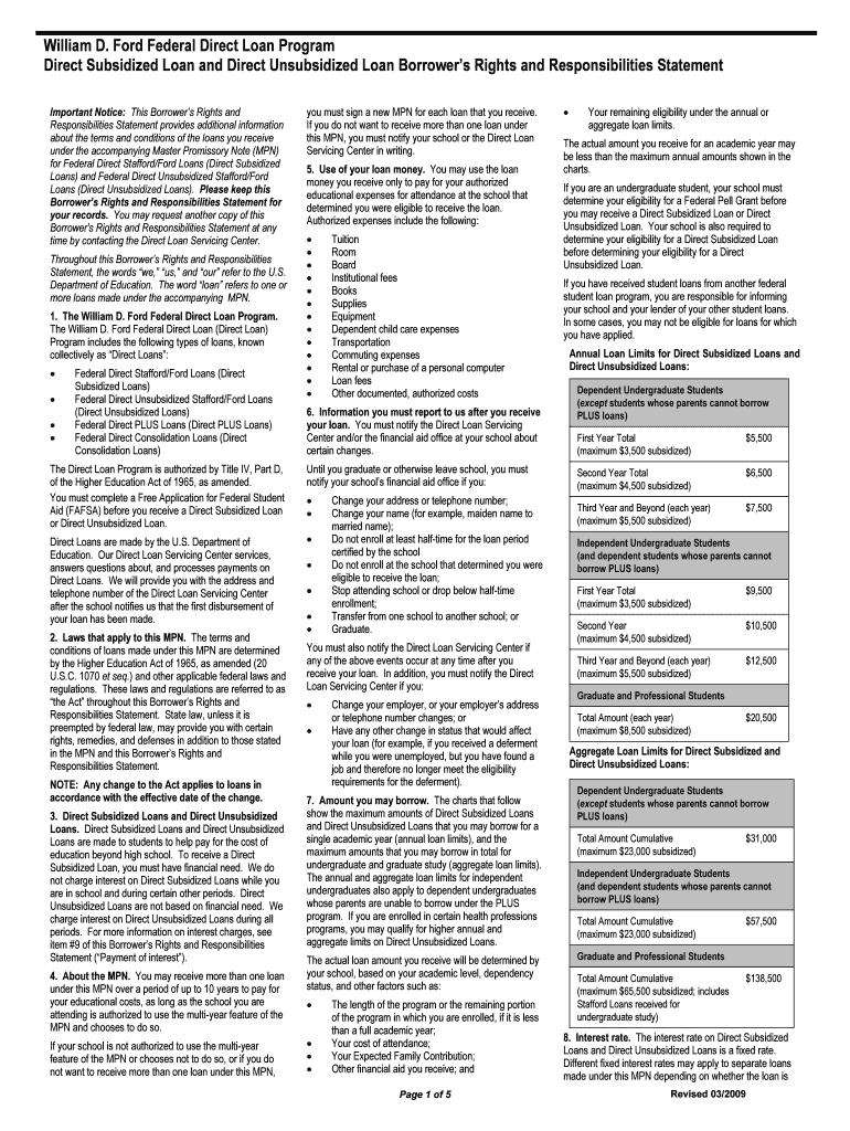 William D Ford Federal Direct Loan Program Direct Subsidized  Form