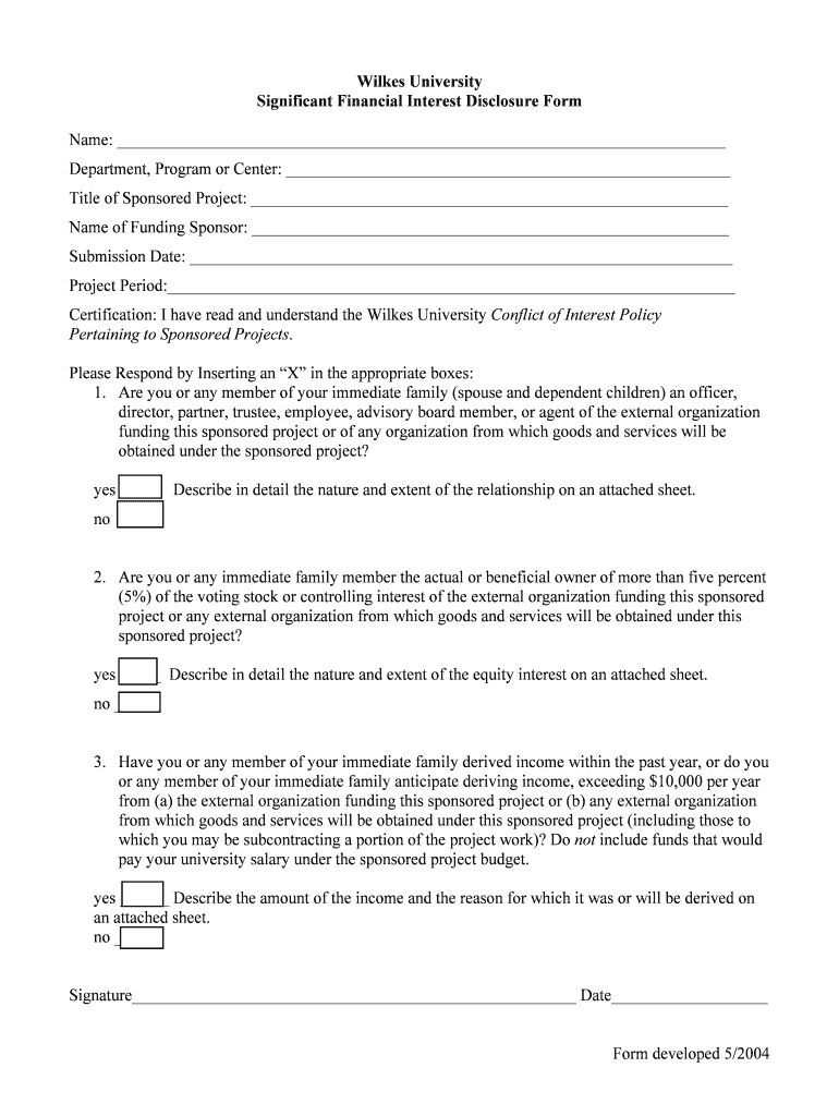 Wilkes University Significant Financial Interest Disclosure Form