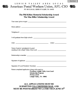 Rules &amp; Application APWU Lehigh Valley Area Local 0268  Form