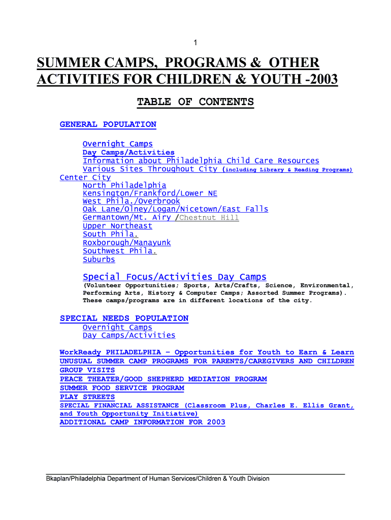 Get and Sign SUMMER CAMPS, PROGRAMS & OTHER ACTIVITIES for    Phila  Form