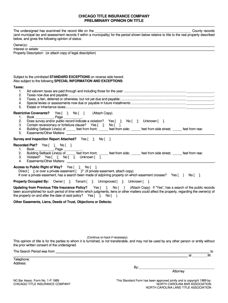  PRELIMINARY OPINION on TITLE North Carolina Title Services 1989-2024