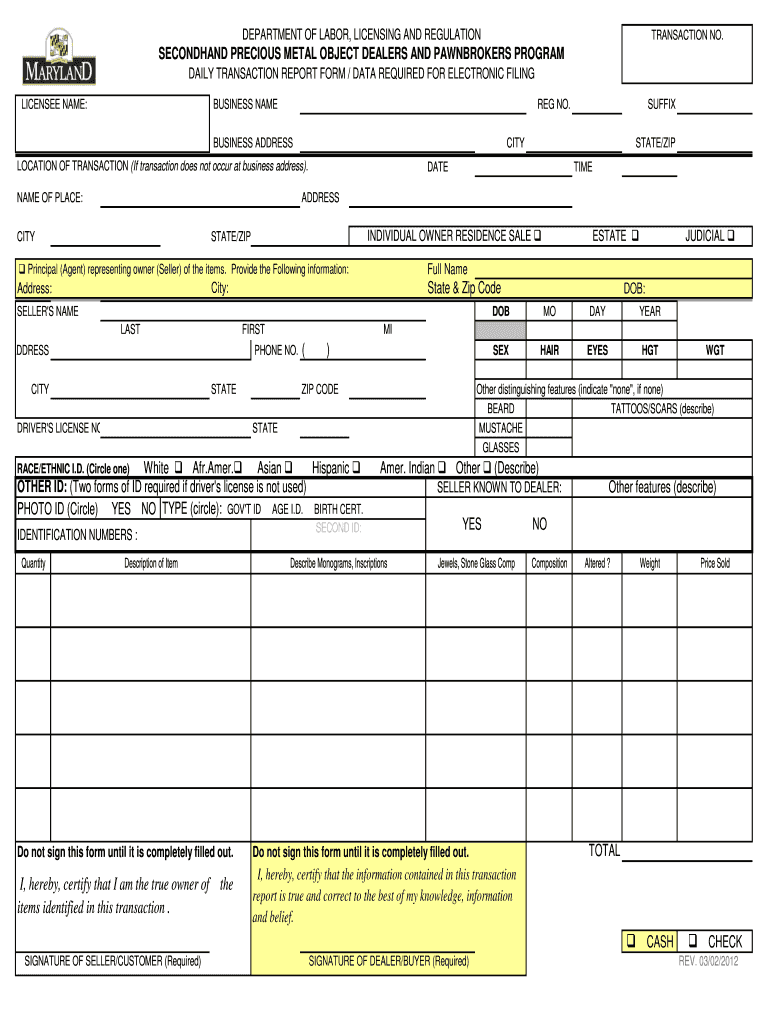 Transaction Report Form  Department of Labor, Licensing and    Dllr Maryland