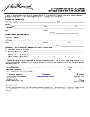 John Hancock Structured Settlement Direct Deposit Application Instructions Form