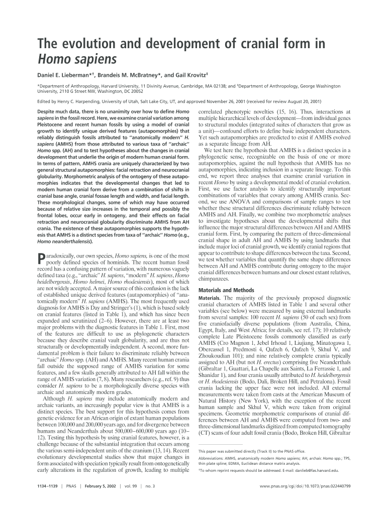 The Evolution and Development of Cranial Form in Homo Sapiens Fas Harvard