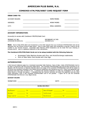 Combined Atmposdebit Card Request Form American Plus Bank NA