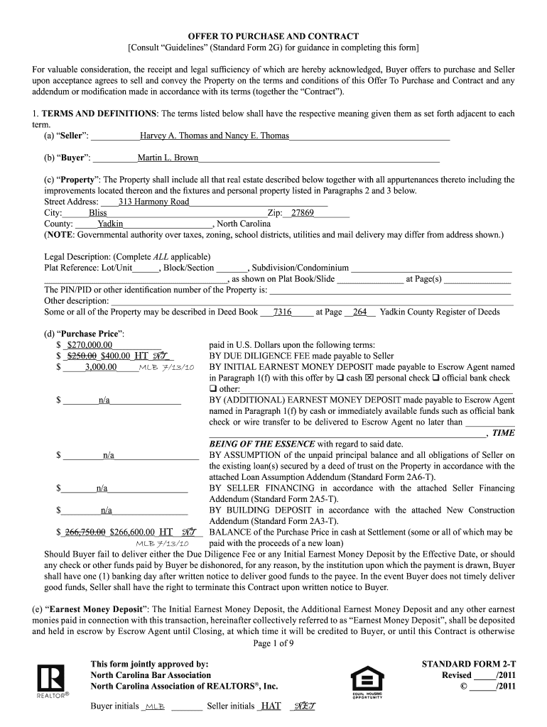 Nc Offer to Purchase and Contract Form 2 T