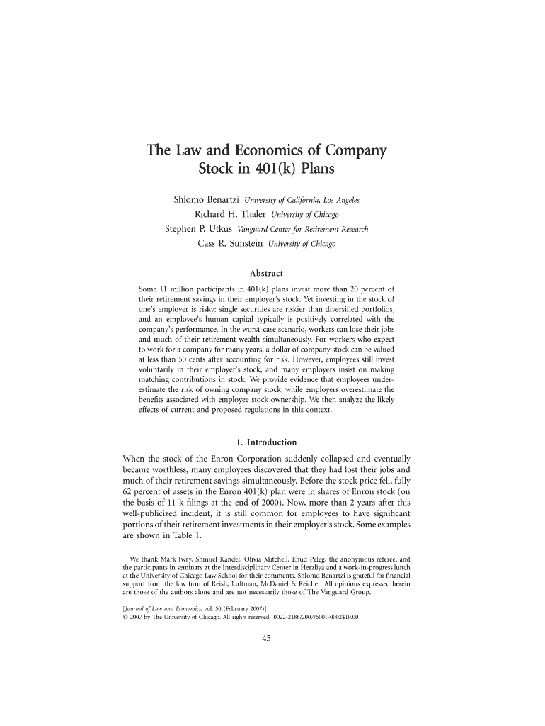 The Law and Economics of Company Stock in 401k Plans Faculty Faculty Chicagobooth  Form