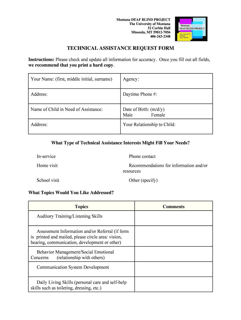 TECHNICAL ASSISTANCE REQUEST FORM Mtdeafblind Ruralinstitute Umt