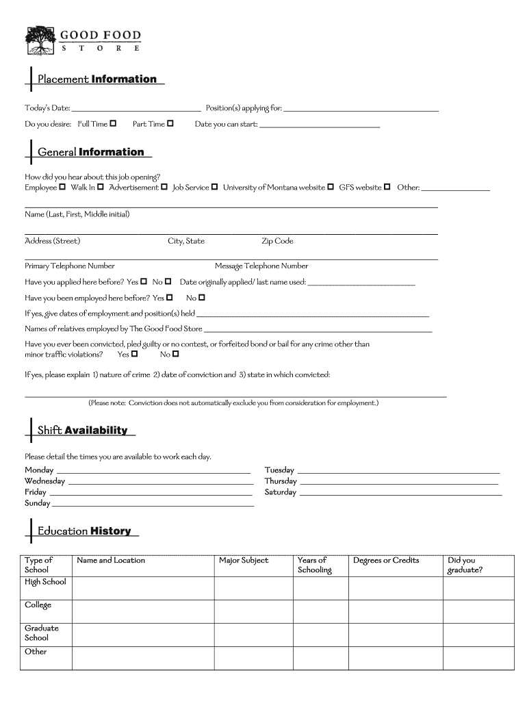 Employment Application Good Food Store  Form