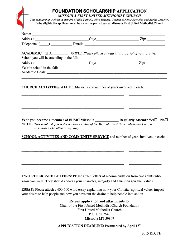 FIRST UNITED METHODIST CHURCH FOUNDATION SCHOLARSHIP APPLICATION  Form