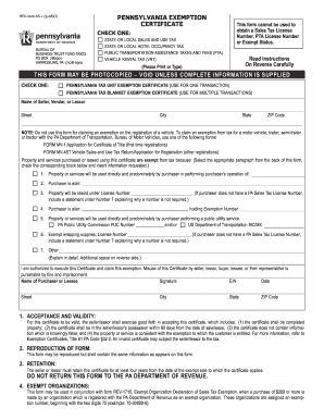 PENNSYLVANIA EXEMPTION CERTIFICATE THIS FORM MAY BE